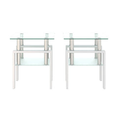Set Of 2, Modern Tempered Glass Tea Table Coffee Table End Table, Square Table For Living Room, Transparent White